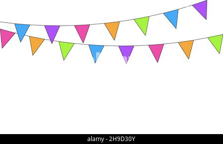 Banner con bandiere multicolore su sfondo bianco. Ornanti decorativi colorati festa per la celebrazione del compleanno, festa e decorazione fiera Illustrazione Vettoriale