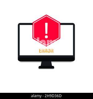 Notifica. Computer con un punto esclamativo sullo schermo. Segno di errore. Messaggio del computer, concetti di avvertenza. Elementi grafici dal design moderno e piatto Illustrazione Vettoriale