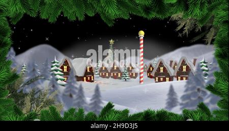 Composizione di case coperte di neve di notte durante il natale visto attraverso aghi di pino, spazio copia Foto Stock