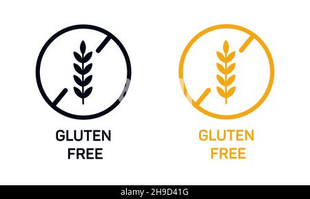 Set di icone vettoriali per etichette senza glutine. Nessun simbolo di grano modello design per alimenti senza glutine pacchetto o segno dietetico di nutrizione prodotto. Vettore Illustrazione Vettoriale