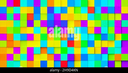 Colorato arcobaleno cubo a spostamento casuale motivo geometrico sfondo piatto vista dall'alto, illustrazione 3D Foto Stock