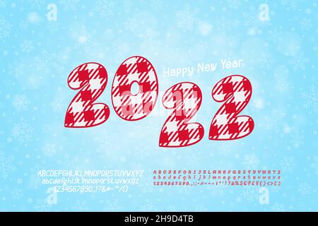 Elegante flyer Felice Anno Nuovo. Numeri di cartoni animati con motivo a plaid su sfondo azzurro con fiocchi di neve bianchi. Due set di font vettoriali in corsivo sono incl Illustrazione Vettoriale