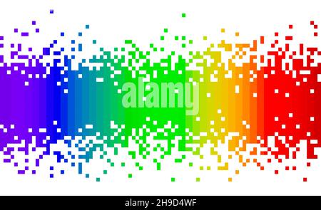 Spettro arcobaleno colori sbiadimento pixel quadrato moderno astratto sfondo motivo centro alla parte superiore e inferiore isolato su sfondo bianco Foto Stock