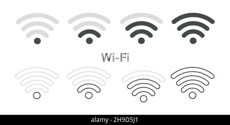 Icone WiFi impostate. Icone Internet. Simbolo Internet wireless. Set di segnali per la connessione di rete. Barra di satelliti per cellulari, radio, computer. Wi-fi Illustrazione Vettoriale