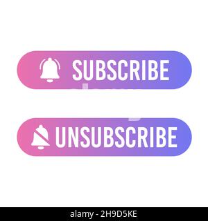 Modello di casella di testo e pulsante di sottoscrizione con l'icona della campana di notifica. Pulsante Annulla sottoscrizione con l'icona della campana di notifica non consentita. Icona promemoria Illustrazione Vettoriale