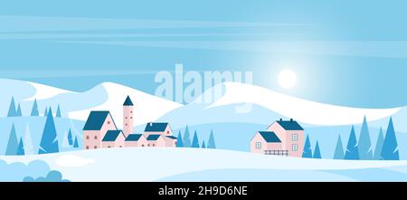 Inverno Natale paesaggio di campagna con montagne e colline coperte di neve vettore illustrazione. Cartoon soleggiato scenario naturale con case di villaggio europeo, foresta e alberi in design semplice Illustrazione Vettoriale