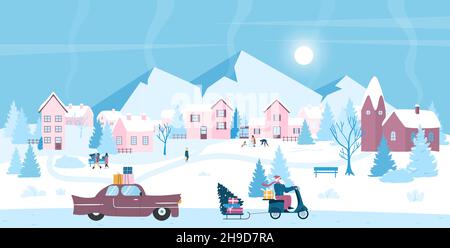 Babbo Natale a cavallo scooter sulla strada nevosa della città d'inverno, biglietto d'auguri di Natale illustrazione vettoriale. Fumetto divertente deliveryman con barba e costume Santa consegna ordini e regali sfondo Illustrazione Vettoriale