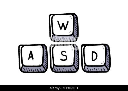 Tasti della tastiera WASD utilizzati nei videogiochi per PC. Idea di gioco. Illustrazione Vettoriale