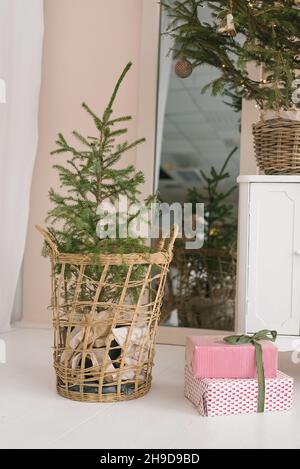 Decorazioni natalizie in soggiorno: Un albero di Natale in un cestino di vimini e scatole regalo legate con un nastro di raso Foto Stock