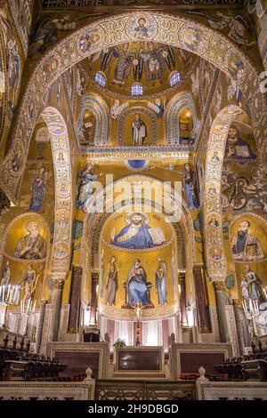 Altarraum, Cappella Palatina, Normannenpalast, Palazzo dei Normanni, Palermo, Sizilien, Italia Foto Stock