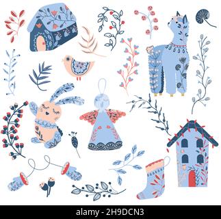 Raccolta di Natale accogliente, Folk lama, uccello, bacche rosse, biscotti, Angelo di Natale, Case di Natale, rami di albero. Buon Natale e Felice Anno Nuovo. Biglietto d'auguri invernale. Icone vettoriali. Illustrazione Vettoriale