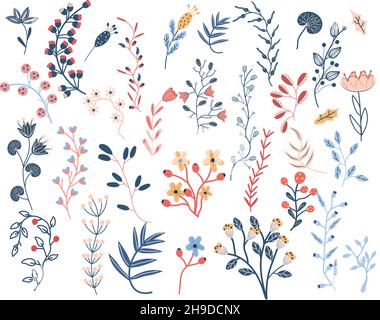 Grande collezione di fiori, foglie, rami d'albero, bacche rosse. Stile Scandinavo. Elementi botanici selvatici per il tuo design. Fiori semplici e minimalisti colorati. Illustrazione vettoriale Illustrazione Vettoriale