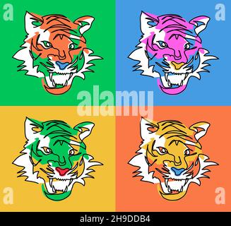 Set di testine per tigre pop art. Una linea continua disegno artistico della tigre. Grafica vettoriale colorata, poster, stampa. Cinese nuovo anno 2022 Illustrazione Vettoriale