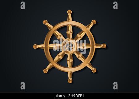Ruota del Dharma d'oro. Simbolo sacro del buddismo. Dharmachakra. Illustrazione vettoriale isolata su sfondo nero Illustrazione Vettoriale