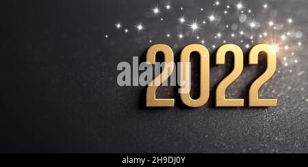 Biglietto di auguri per l'anno nuovo 2022. Numero della data colorato in oro su uno sfondo nero scintillante Foto Stock