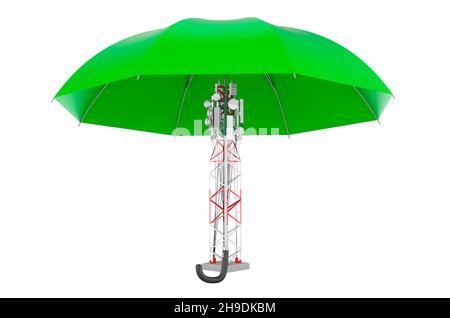 Torre mobile con antenne per telefono cellulare sotto ombrello. Rendering 3D isolato su sfondo bianco Foto Stock