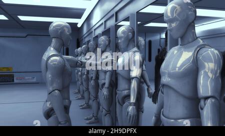 Rendering 3D. Figure umanoidi e scena sicifi Foto Stock