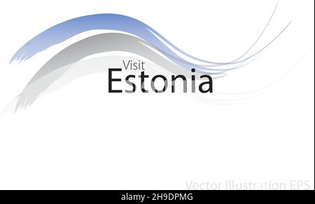 Lo slogan visita l'Estonia con onde curve in stile acquerello che sono nei colori della bandiera nazionale. Illustrazione vettoriale Illustrazione Vettoriale