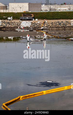 Un equipaggio pulisce il petrolio nel Talbert Marsh, che ospita molti uccelli e fauna selvatica. Si stima che 127,000 galloni di petrolio greggio fuoriusciti da un derrick petrolifero Foto Stock