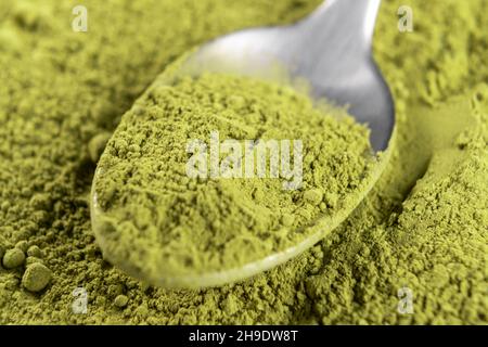 Cucchiaino metallico con tè verde matcha in polvere in un mucchio di polvere. Macro Foto Stock