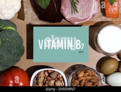 Una serie di prodotti naturali ricchi di vitamina B7 biotina. Concetto di cibo sano. Cartello di cartone con l'iscrizione. Foto Stock