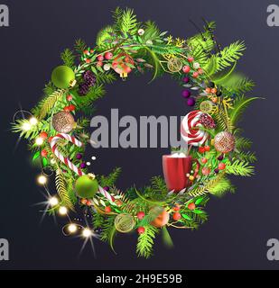 Modello decorativo di Natale su blu scuro. Corona di Natale con palle bacche, tazza, rami di albero di Natale. Modello invernale festivo per l'intestazione del menu delle schede di invito per i saluti. Spazio di copia. 3D rendering Foto Stock