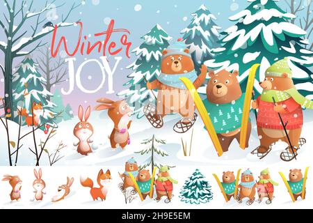 Animali in Inverno Natale Foresta gioco e sci Illustrazione Vettoriale