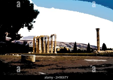 Illustrazione acquerello Tempio di Zeus Olimpio ad Atene, Grecia. Foto Stock