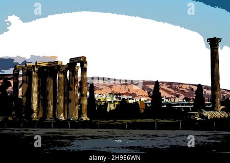 Illustrazione acquerello Tempio di Zeus Olimpio ad Atene, Grecia. Foto Stock