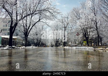 Una strada in inverno. Auto che guidano su strada. Alberi pieni di neve. Bianco neve paesaggio invernale. Foto di alta qualità Foto Stock