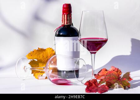 Bicchiere di vino e bottiglia con vino rosso e foglie d'uva autunnali su sfondo bianco con ombre. Foto Stock