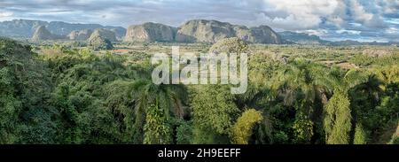 Una vista panoramica della valle di Vinales mette in risalto le lussureggianti foreste verdi, i campi e la campagna, e le mojote (o montagne) in lontananza. Foto Stock