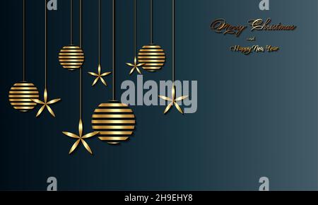 Banner natalizio di lusso con oro scritto a mano buon Natale e felice anno nuovo saluti e palle di Natale color oro. Vettore Illustrazione Vettoriale