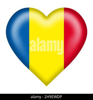 Il pulsante del cuore della bandiera della Romania è isolato su bianco con l'illustrazione del tracciato di ritaglio 3D Foto Stock