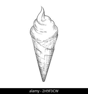 Gelato con cono waffle. Illustrazione vettoriale schizzo di disegno a mano swirl gelato in cono cialda isolato su sfondo bianco. Illustrazione Vettoriale