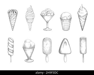 Illustrazione vettoriale vintage schizzo disegno a mano disegno gelato set isolato su sfondo bianco. Collezione di diversi gelati in stile retrò. Illustrazione Vettoriale