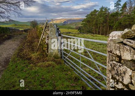 Porta sul sentiero che si dirige verso Stainforth vicino alla Catrigg Force nelle Yorkshire Dales Foto Stock