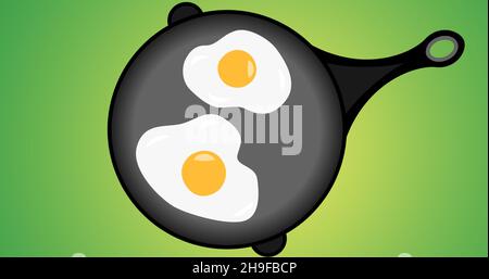 Immagine generata digitalmente dell'uovo fritto in padella su sfondo verde con spazio copia, lato soleggiato in alto Foto Stock