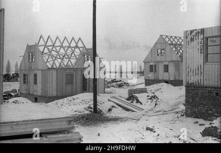 Katowice, 1948-02. Budowa osiedla domków jednorodzinnych (tzw. domków fiñskich) dla górników Kopalni Wêgla Kamiennego (KWK) Katowice. Do budowy domków u¿ywano drewnianych prefabrykatów, którymi Finlandia sp³aca³a Zwi¹zkowi Radzieckiemu reparacje wojenne. po/gr PAP Dok³adny dzieñ wydarzenia nieustalony. Katowice, febbraio 1948. Costruzione di una casa prefabbricata per i minatori della miniera di carbone duro di Katowice (KWK). Elementi prefabbricati in legno sono stati utilizzati per costruire le case, come parte delle riparazioni di guerra pagate dalla Finlandia all'Unione Sovietica. po/gr PAP Foto Stock