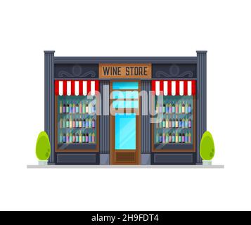 Edificio del negozio di vini, fronte del negozio vettoriale con bottiglie di alcool su scaffali e baldacchino sopra la finestra, porta di vetro e cartello. Facciata isolata del negozio g Illustrazione Vettoriale