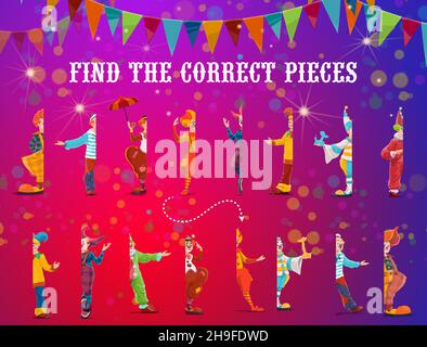 Bambini gioco di indovinello, trovare la metà corretta clown circus, vettore trovare puzzle pezzo adatto partita. Gioco da tavolo per bambini a metà del carnevale funfair Illustrazione Vettoriale