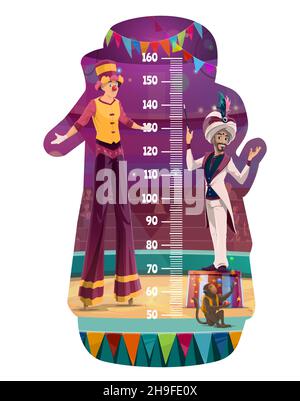Tabella altezza bambini con caratteri shapito circo, vettore cartoon misura di crescita. Scala di misurazione per bambini o metro alto con carnevale funfair m Illustrazione Vettoriale