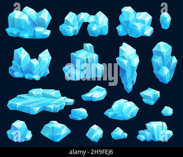 Cartoon ghiacciato cristalli e ghiaccioli, blocchi di neve vettoriali e iceberg, pietre magiche gioco asset. Ghiacciai invernali freddi, pezzetti di gallina blu, acari ghiacciati Illustrazione Vettoriale