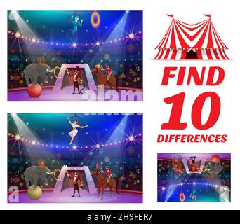 Gioco di indovinello per bambini, trova le differenze sul palcoscenico di shapito circus, vettore. Trova la differenza nel circo illusionista, acrobati e animali, gioco da tavolo o logica r Illustrazione Vettoriale