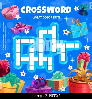 Regali di Natale e presenti le scatole cruciverba foglio di lavoro del puzzle, vettore trova un quiz di parola. I bambini giocano in parole incrociate riddle a indovinare i colori della festa di Natale Illustrazione Vettoriale