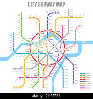 Metropolitana, metropolitana o metropolitana, linee della stazione ferroviaria urbana, schema di trasporto vettoriale. Metropolitana o metropolitana e treni piani per pu Illustrazione Vettoriale
