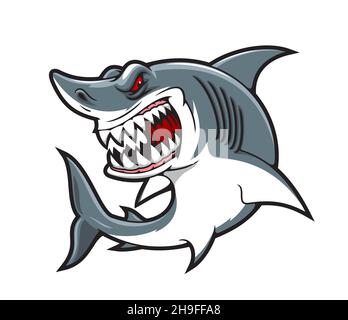 Mascotte vettore squalo cartoon . Arrabbiato sorriso e denti spaventosi. Grande carattere squalo bianco, mare e animale marino o mostro marino subacqueo con fa male Illustrazione Vettoriale