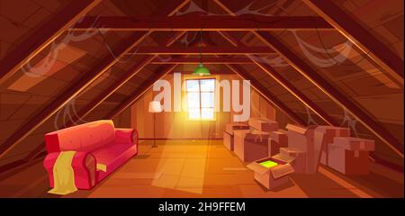 Interni mansarda, loft cartoon, garret e sala cockloft. Casa mansarda o mansarda camera con finestra, tetto in legno e pavimento con ragnatela, cartone sporco Illustrazione Vettoriale
