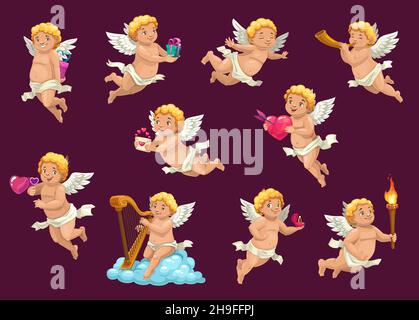 San Valentino Cupidi con amore vettoriale cuori e doni. Personaggi cartoni animati con angelo Cupido, Amur o Cherub con cuore di San Valentino, freccia d'amore e lettera, w Illustrazione Vettoriale