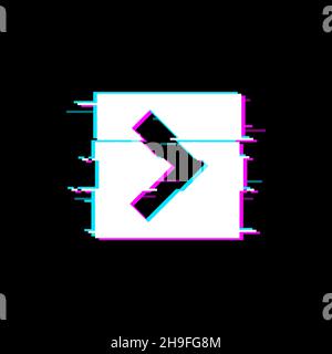 Pulsante di gioco isolato freccia glitched sul quadrato, interfaccia di gioco ui elemento di design. Segnale di avvio o arresto, riproduzione o interruzione del lettore audio o tv vettoriale Illustrazione Vettoriale
